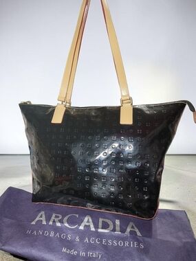 Arcadia Black Patent Tote with Tan Shoulder Straps And Dust Bag Good Condition